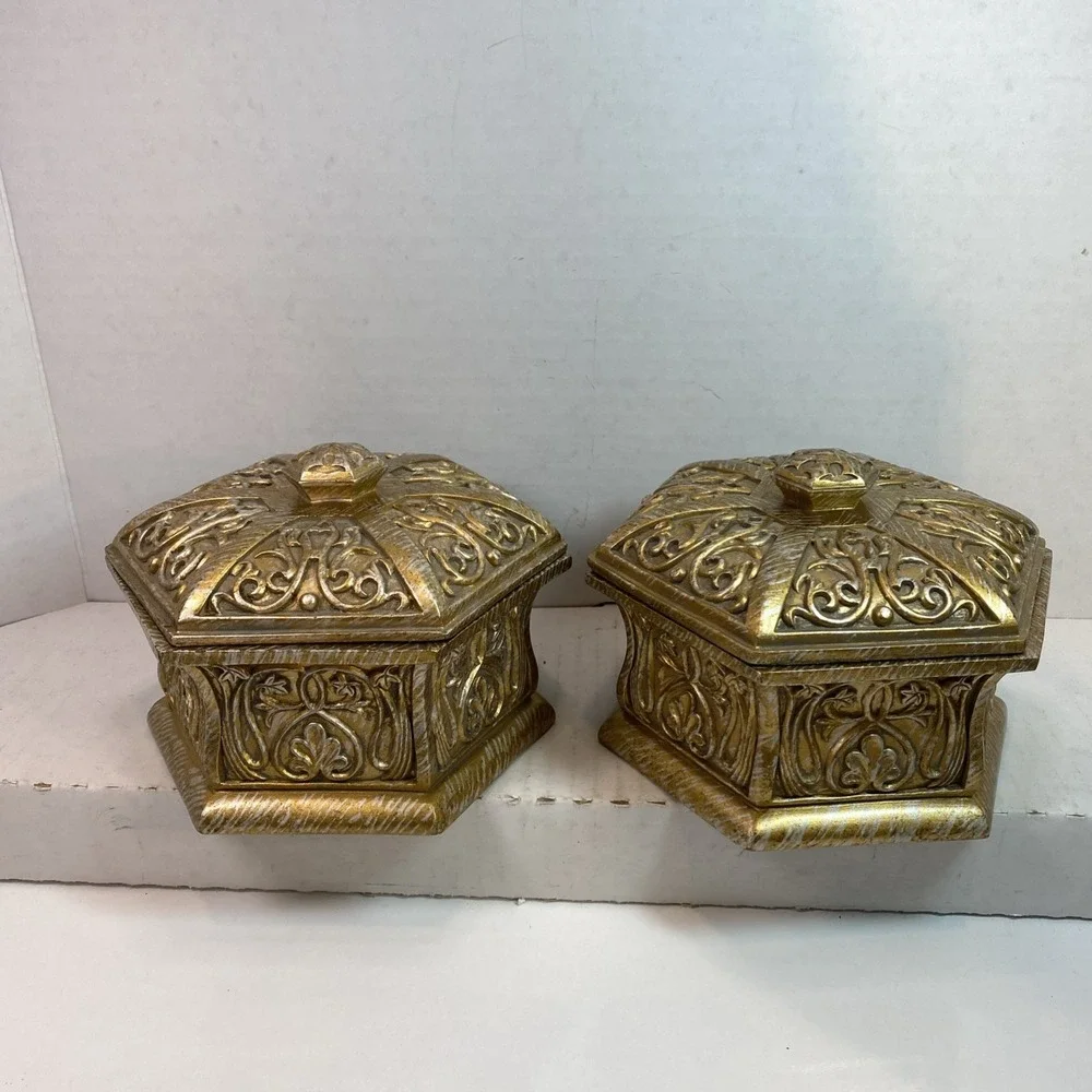 Intricate Octagon Shaped Golden Finished Trinket Boxes Felt Lined‎ ~ Set Of 2